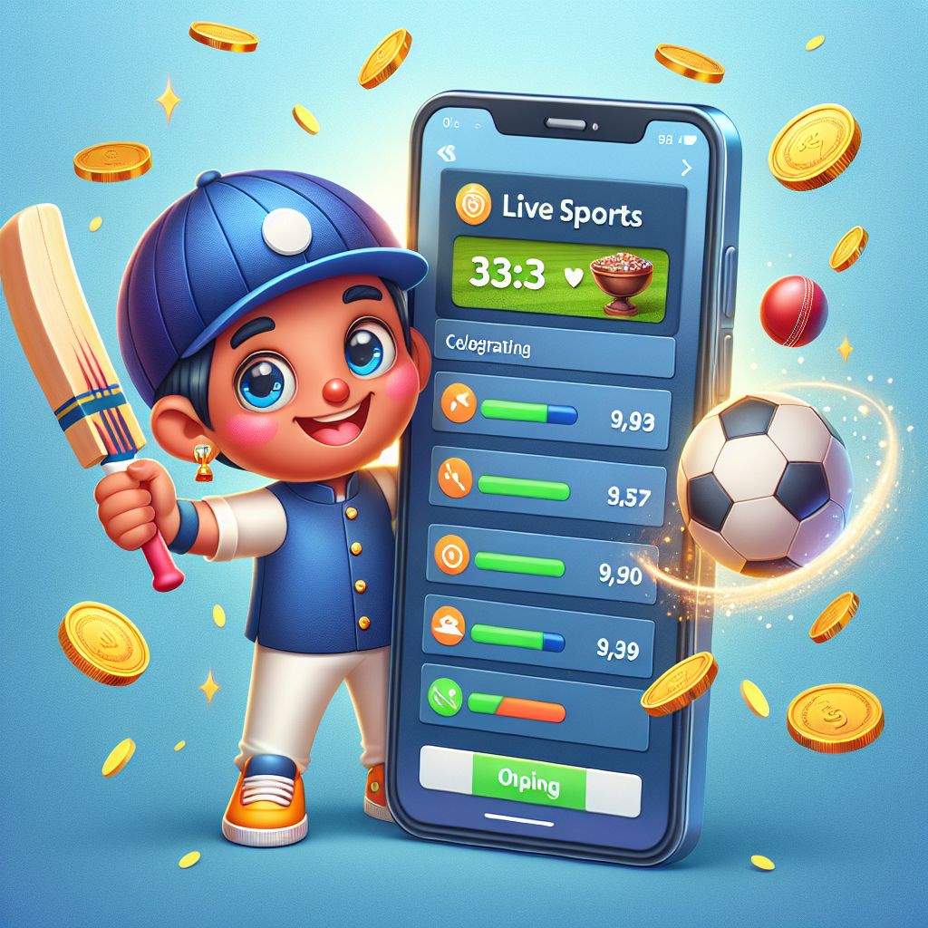 Cartoon bettor character holding a phone with live odds and sports icons