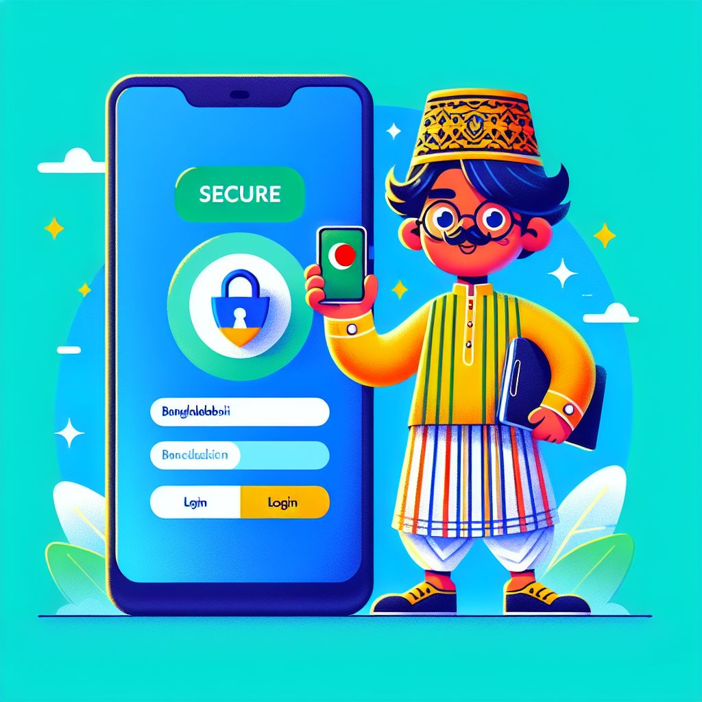 Cartoon character holding a phone with a secure login screen and shield icon