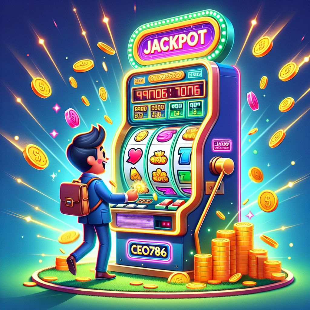 Cartoon character spinning a slot reel with coins and jackpot lights, ceo786 Slots theme