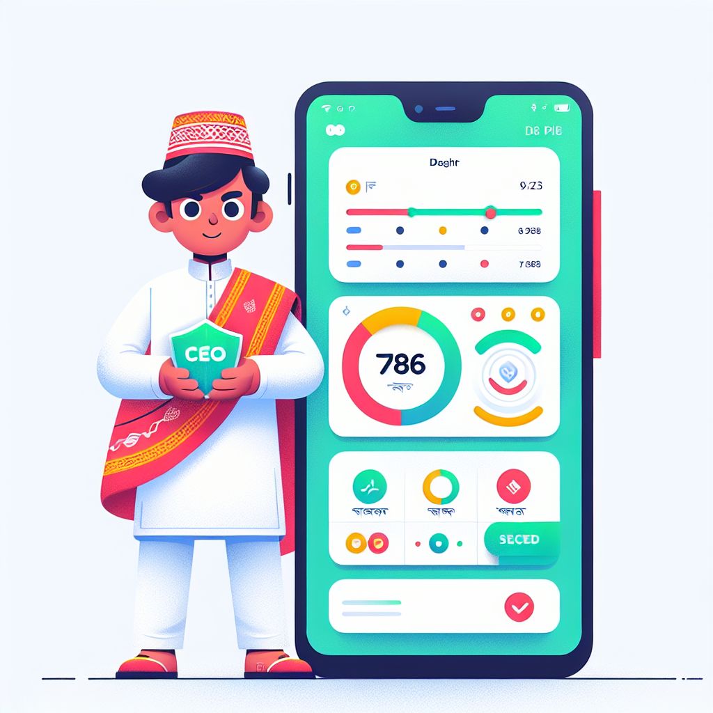 Cartoon character holding a smartphone with ceo786 app interface elements and Bangladesh-themed colors